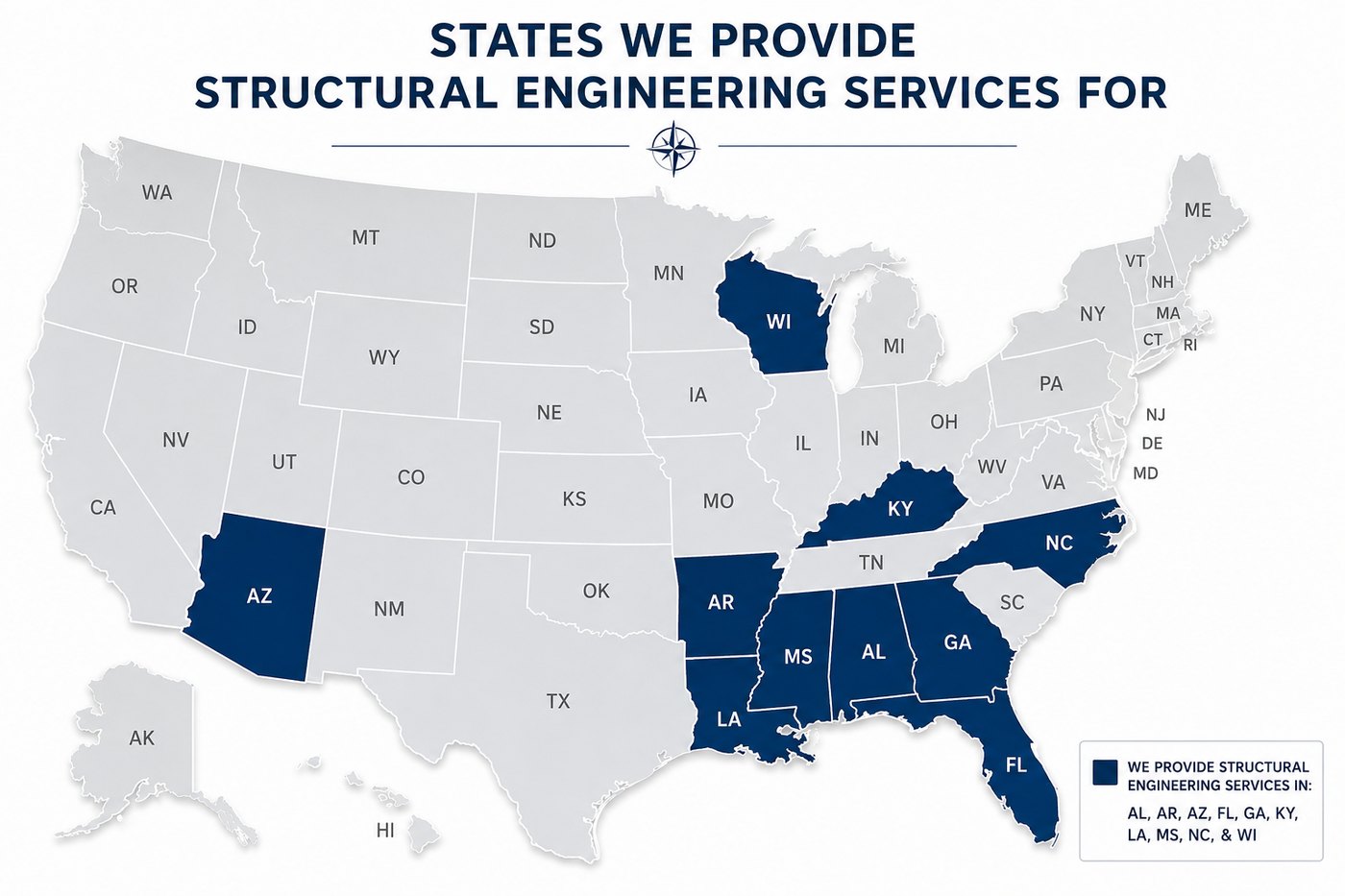 Map of the United States highlighting the states True North is licensed in: AL, AR, AZ, FL, GA, KY, LA, MS, NC and WI